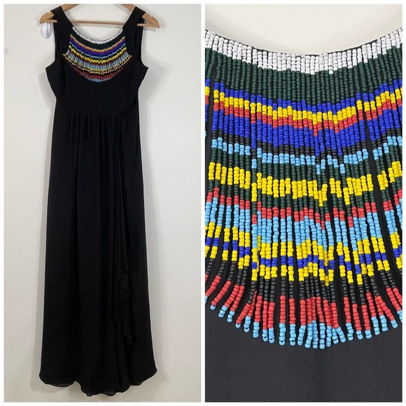 Tibi Silk Beaded Neckline Maxi Dress Size 4 Black Chiffon Ruffle - Picture 1 of 14